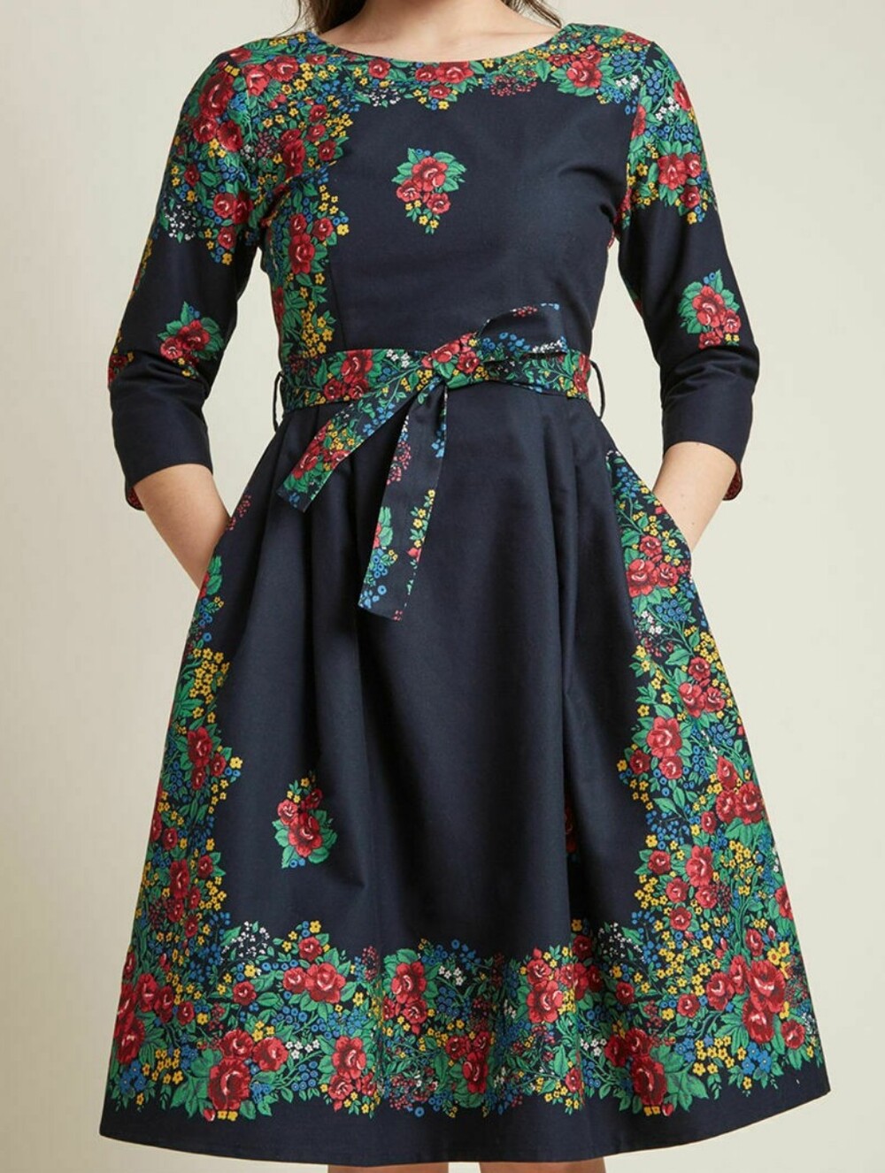 NWT PALAVA UK Beatrice Black Hungarian Flower Retro Belted Midi Dress US 10